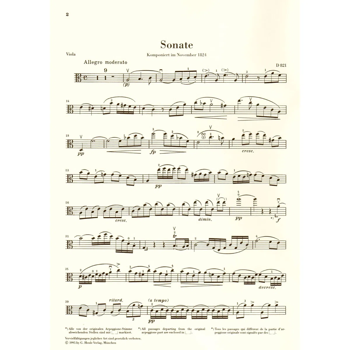 Sonate pour piano et arpeggione en la mineur d 821 (op. post.) alto et piano: Instrumentation: Viola and Piano