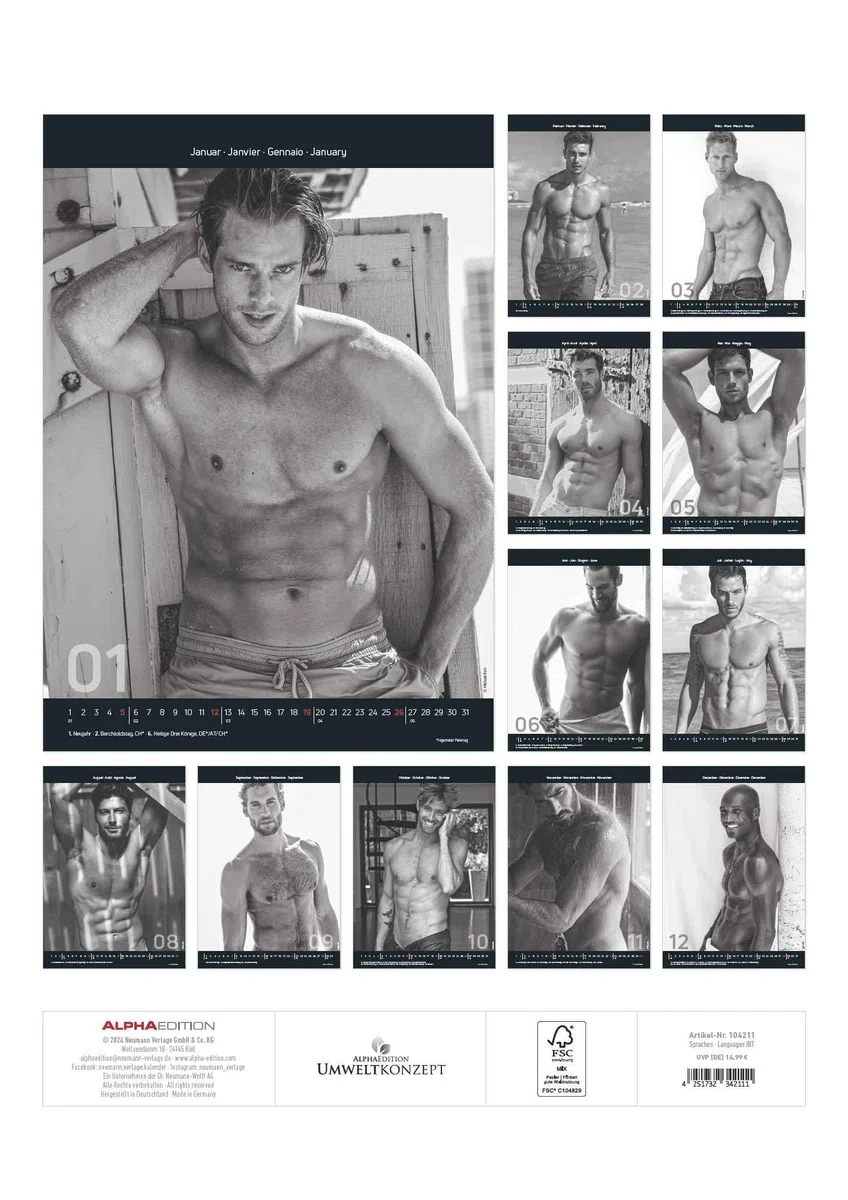 Hot Men 2025 - Bildkalender 29,7x42 cm - Männer - erotischer Kalender - hochwertiger Erotikkalender - schwarz-weiß - Wandplaner - Wandkalender