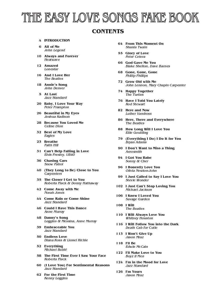 The easy love songs fake book: Melody, Lyrics & Simplified Chords in the Key of C