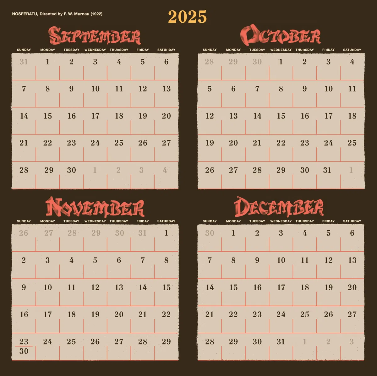 Classic Horror Movies 2026 Wall Calendar