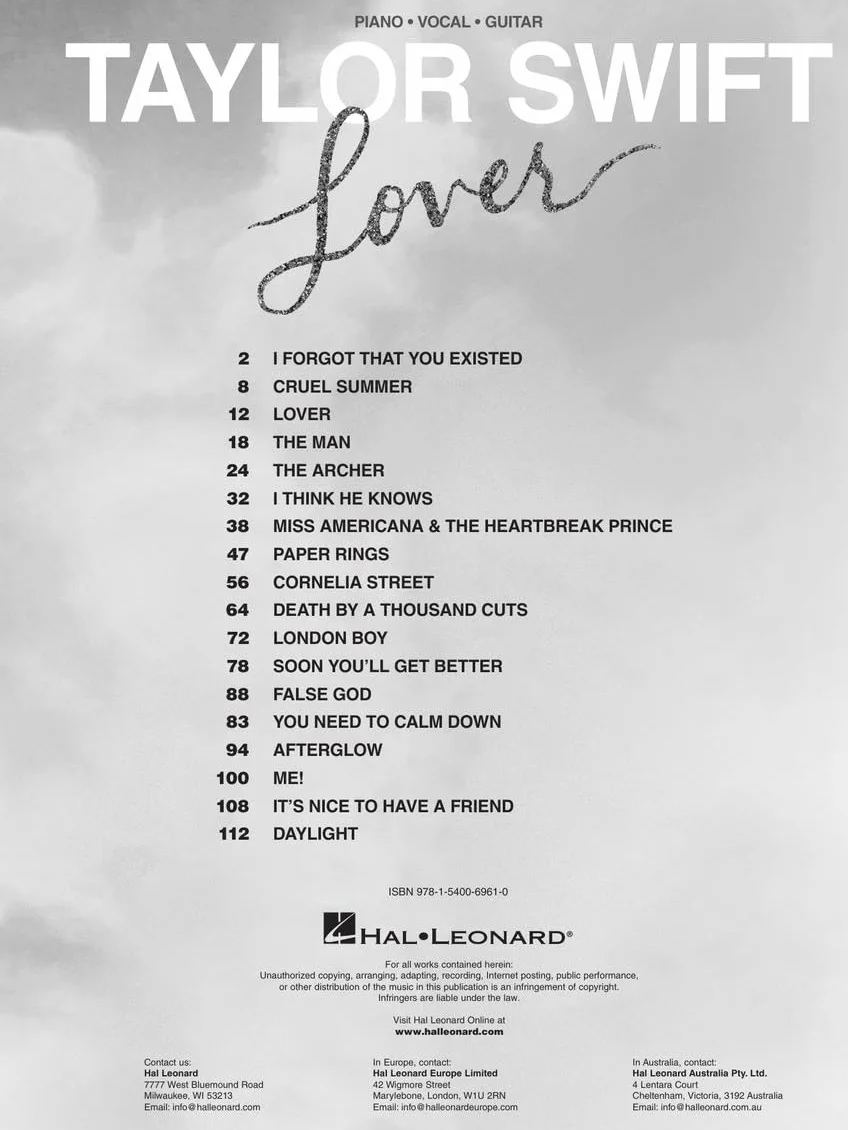 TAYLOR SWIFT LOVER: Lover: Piano-Vocal-Guitar