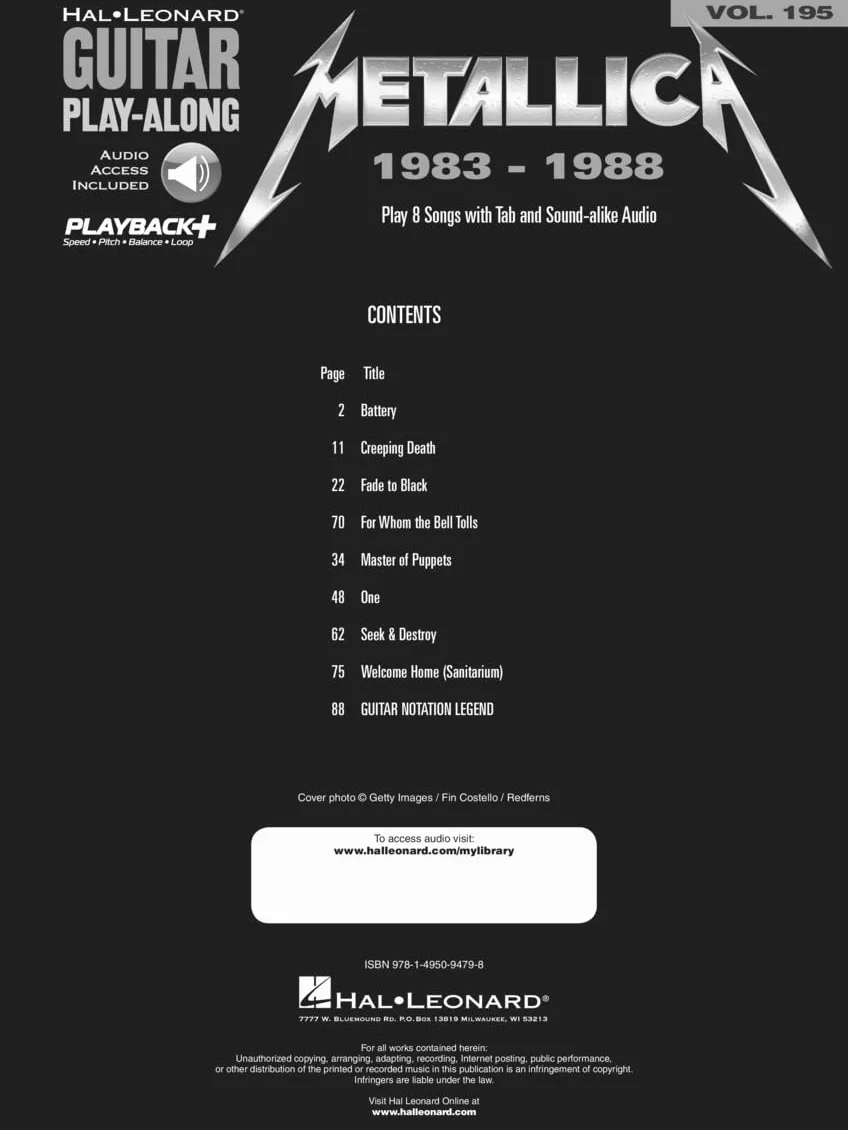 Guitar play-along volume 195 - metallica: 1983-1988 - recueil + enregistrement(s) en ligne