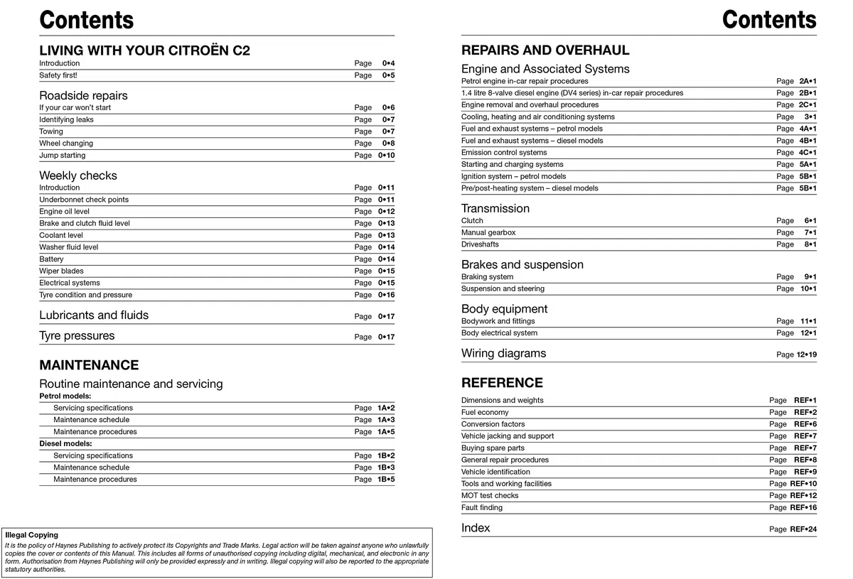 Citroen C2 Petrol & Diesel (03 - 10) Haynes Repair Manual